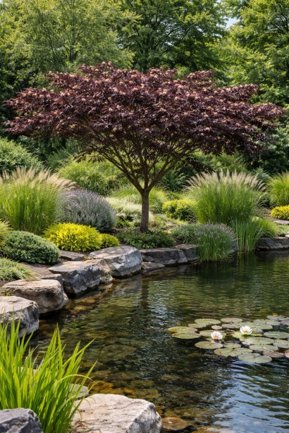 Albizia Summer Chocolate біля водойми